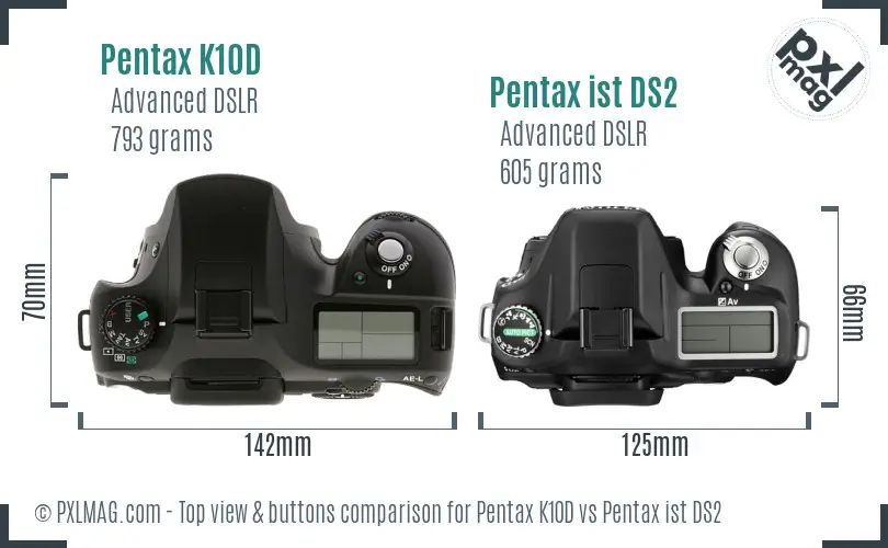 Pentax K10D vs Pentax ist DS2 top view buttons comparison