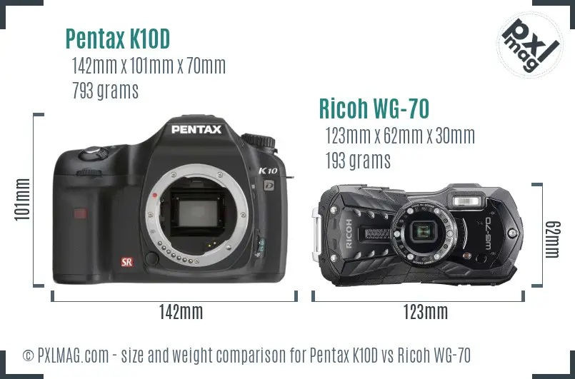 Pentax K10D vs Ricoh WG-70 size comparison