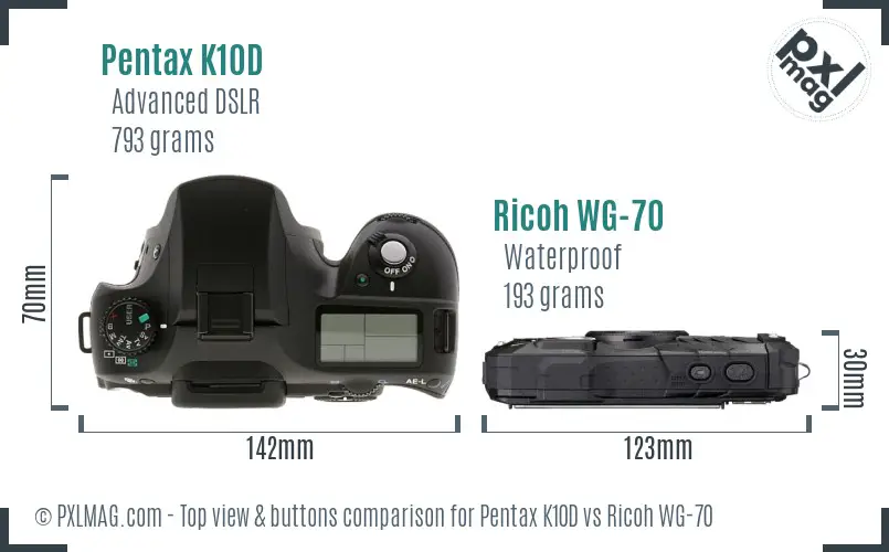 Pentax K10D vs Ricoh WG-70 top view buttons comparison
