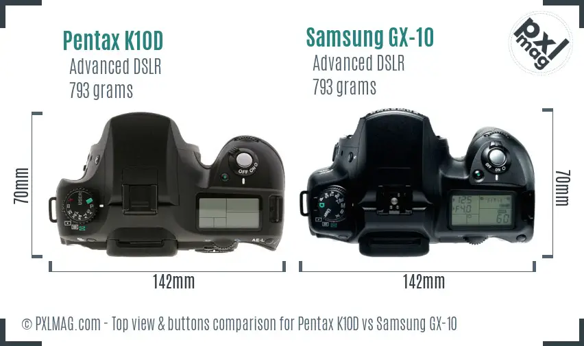 Pentax K10D vs Samsung GX-10 top view buttons comparison