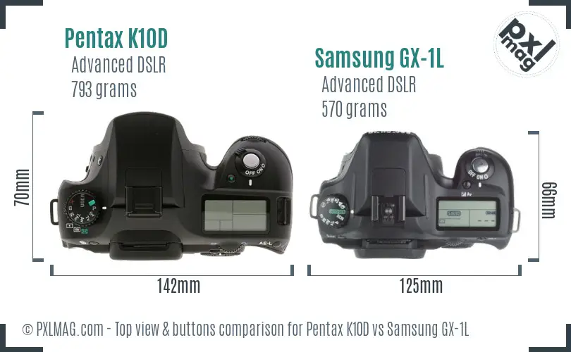 Pentax K10D vs Samsung GX-1L top view buttons comparison