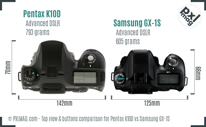 Pentax K10D vs Samsung GX-1S top view buttons comparison