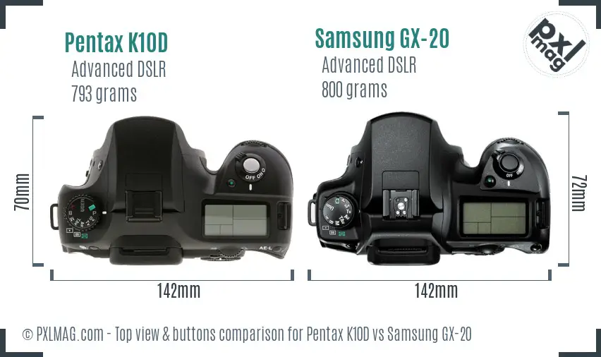 Pentax K10D vs Samsung GX-20 top view buttons comparison
