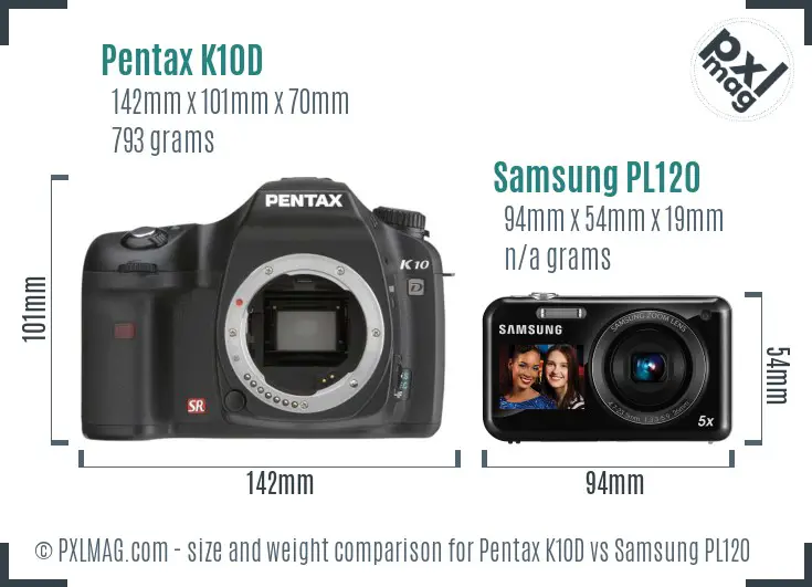 Pentax K10D vs Samsung PL120 size comparison