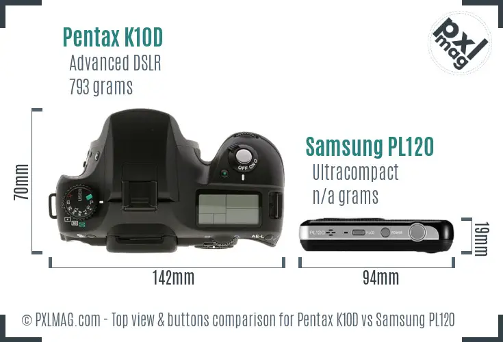 Pentax K10D vs Samsung PL120 top view buttons comparison