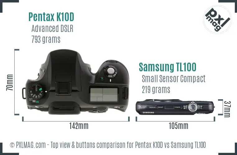 Pentax K10D vs Samsung TL100 top view buttons comparison