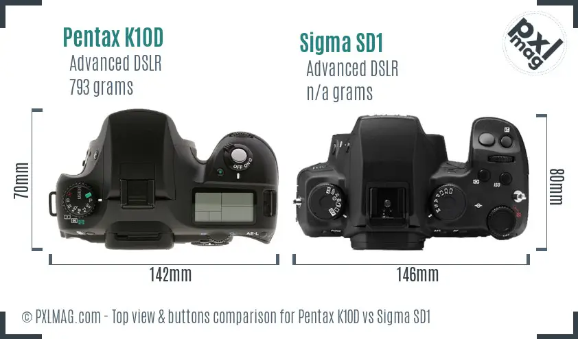 Pentax K10D vs Sigma SD1 top view buttons comparison
