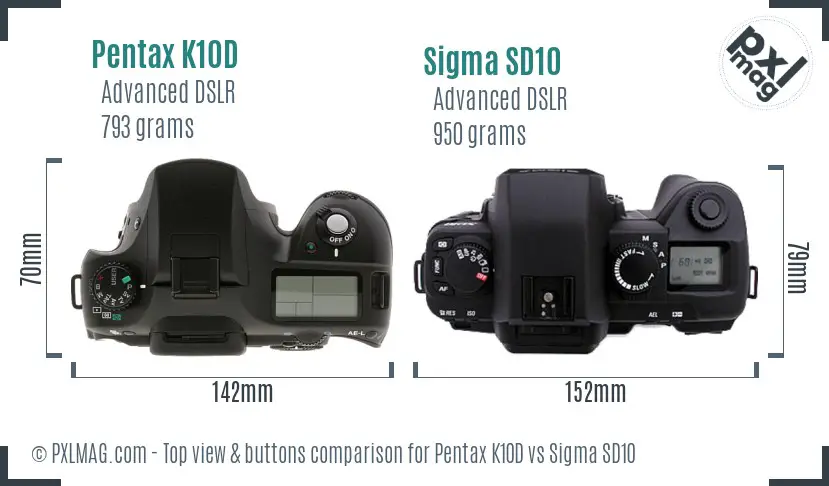 Pentax K10D vs Sigma SD10 top view buttons comparison