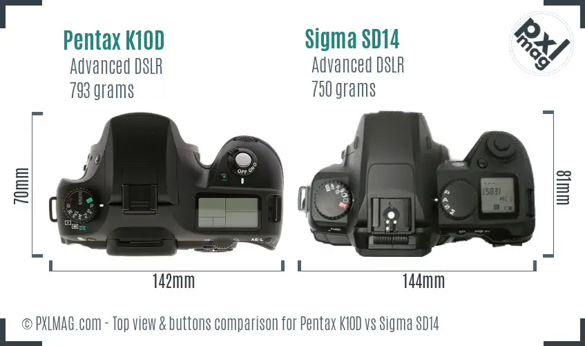 Pentax K10D vs Sigma SD14 top view buttons comparison