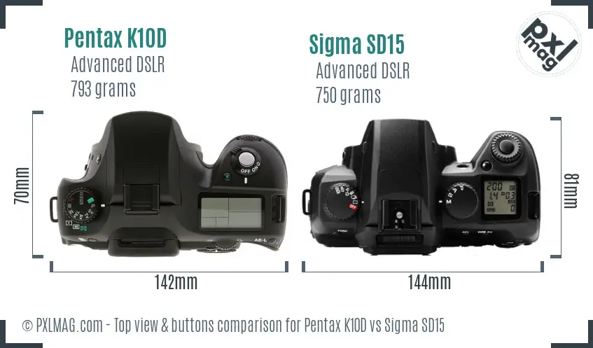 Pentax K10D vs Sigma SD15 top view buttons comparison