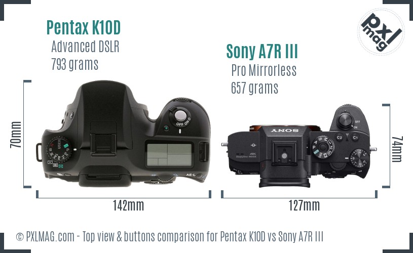 Pentax K10D vs Sony A7R III top view buttons comparison