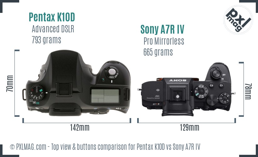 Pentax K10D vs Sony A7R IV top view buttons comparison