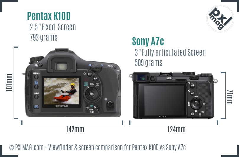 Pentax K10D vs Sony A7c Screen and Viewfinder comparison