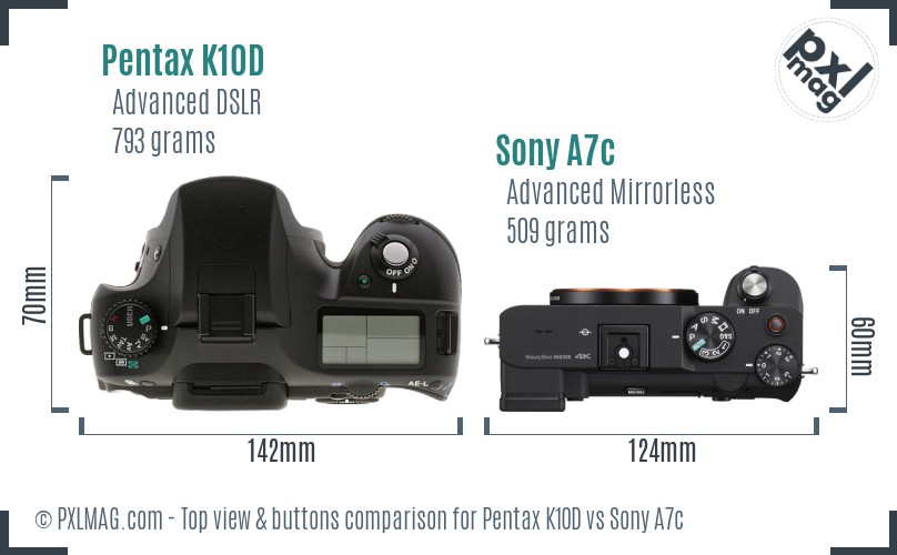 Pentax K10D vs Sony A7c top view buttons comparison
