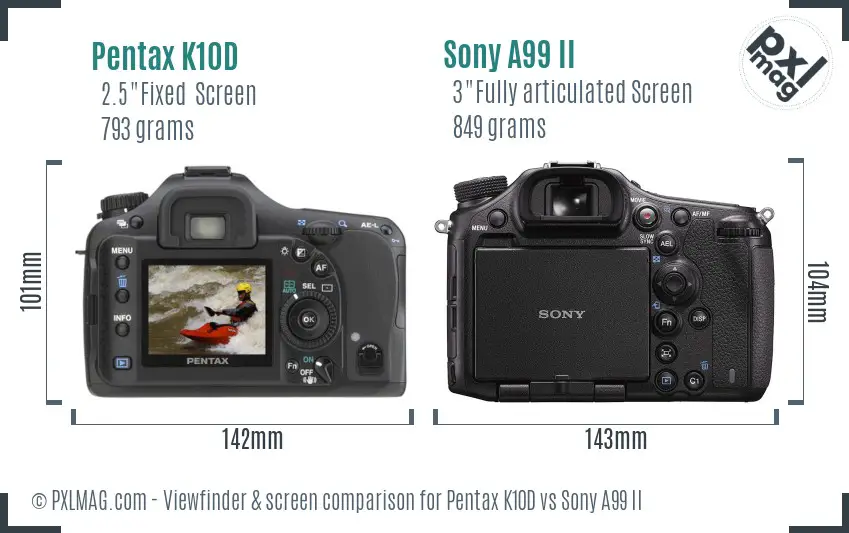 Pentax K10D vs Sony A99 II Screen and Viewfinder comparison