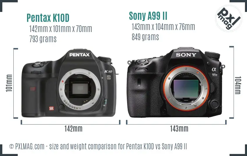 Pentax K10D vs Sony A99 II size comparison