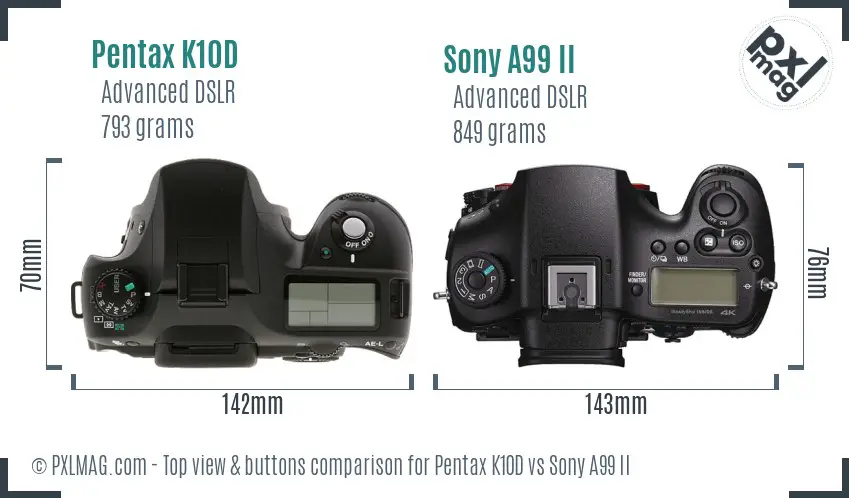 Pentax K10D vs Sony A99 II top view buttons comparison