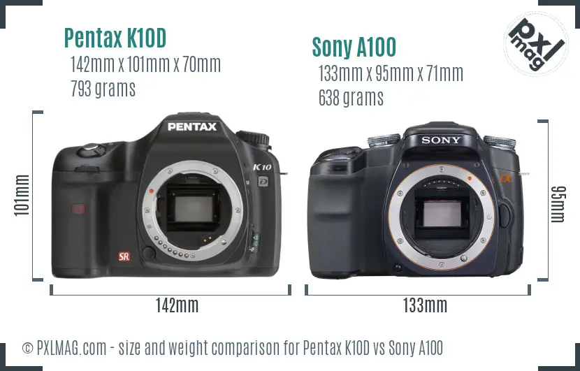 Pentax K10D vs Sony A100 size comparison