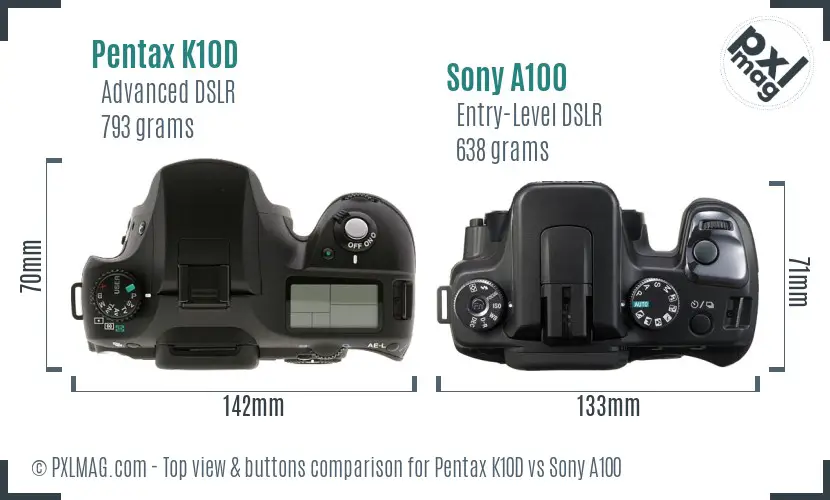 Pentax K10D vs Sony A100 top view buttons comparison