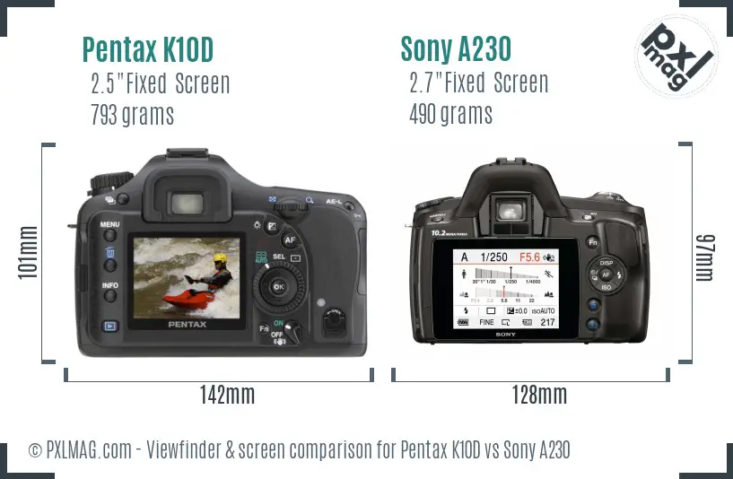 Pentax K10D vs Sony A230 Screen and Viewfinder comparison