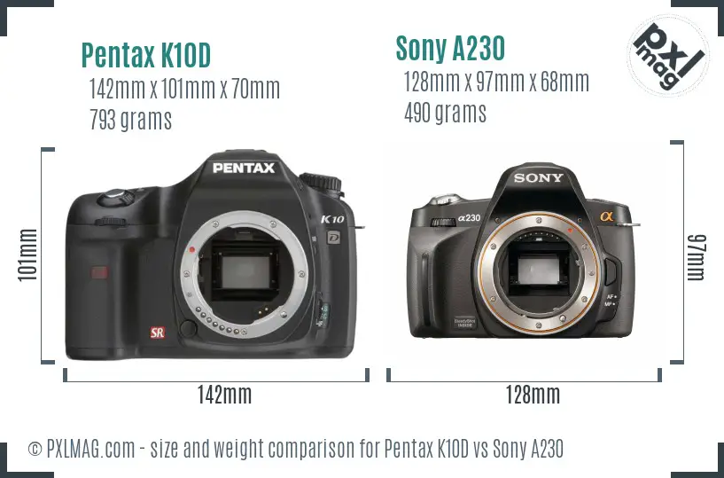 Pentax K10D vs Sony A230 size comparison