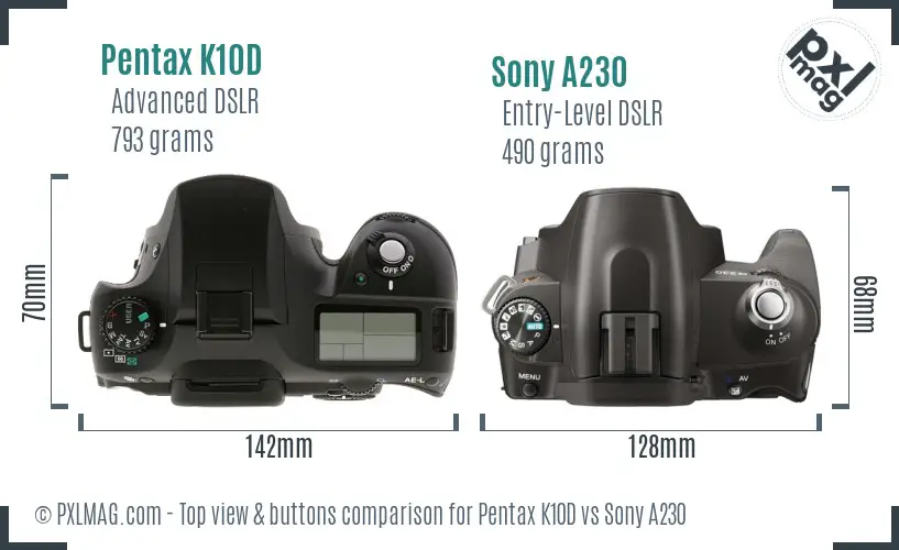 Pentax K10D vs Sony A230 top view buttons comparison