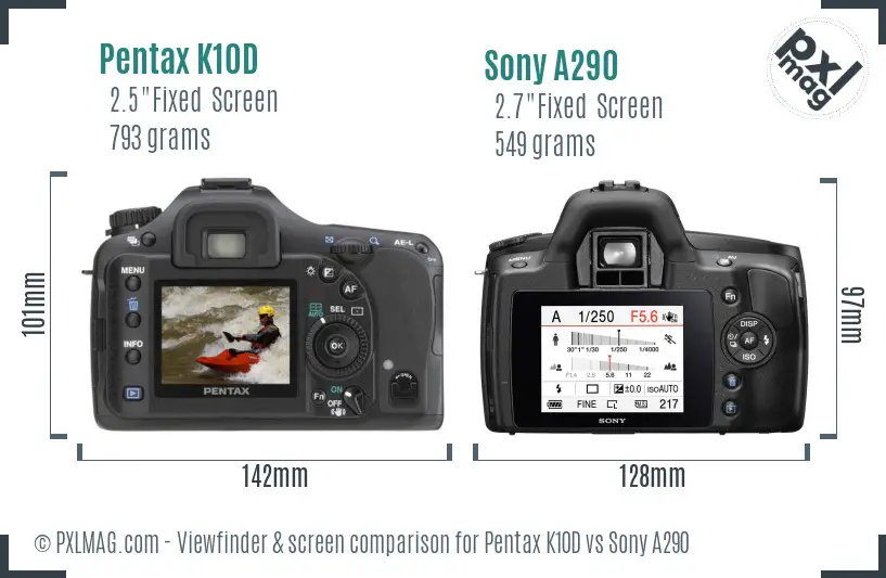 Pentax K10D vs Sony A290 Screen and Viewfinder comparison