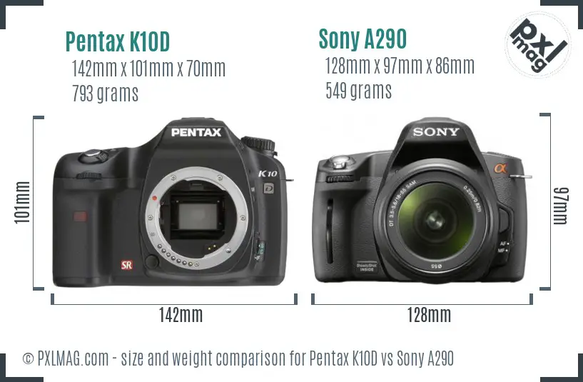 Pentax K10D vs Sony A290 size comparison