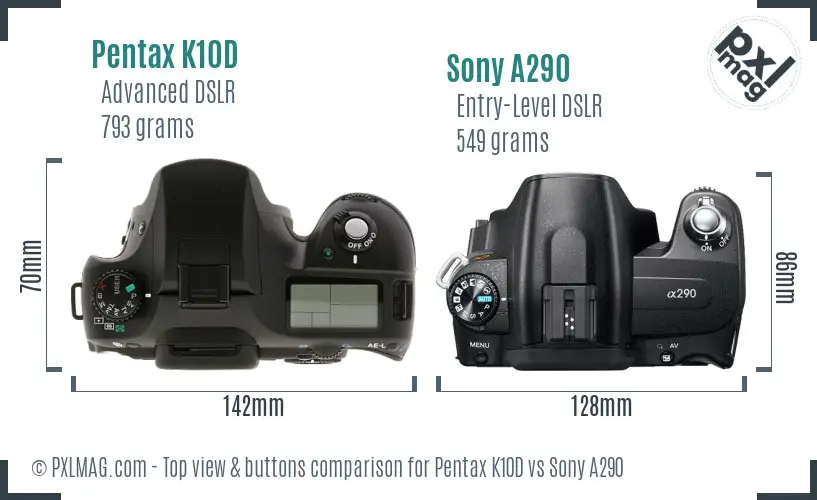 Pentax K10D vs Sony A290 top view buttons comparison