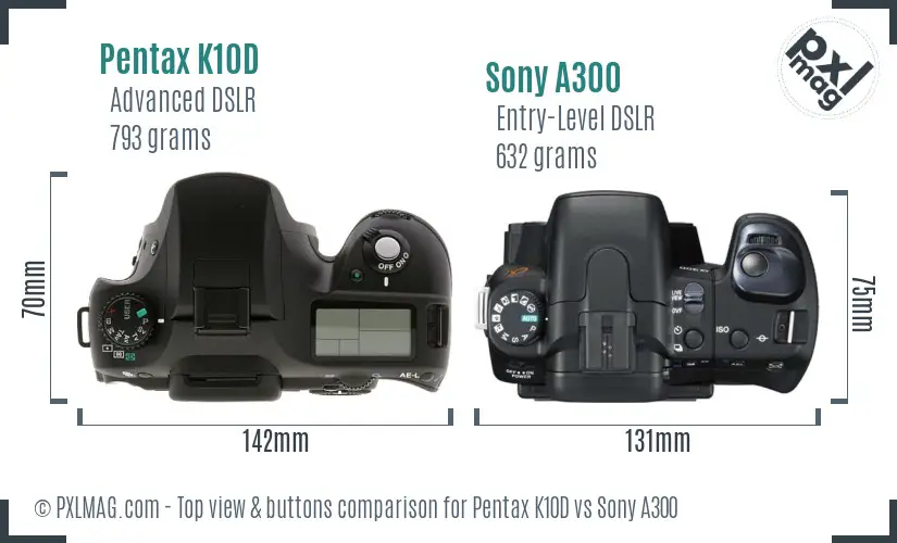 Pentax K10D vs Sony A300 top view buttons comparison