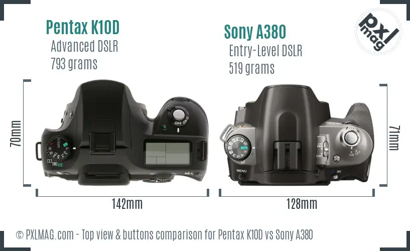 Pentax K10D vs Sony A380 top view buttons comparison Pentax K10D vs Sony A380 top view buttons comparison