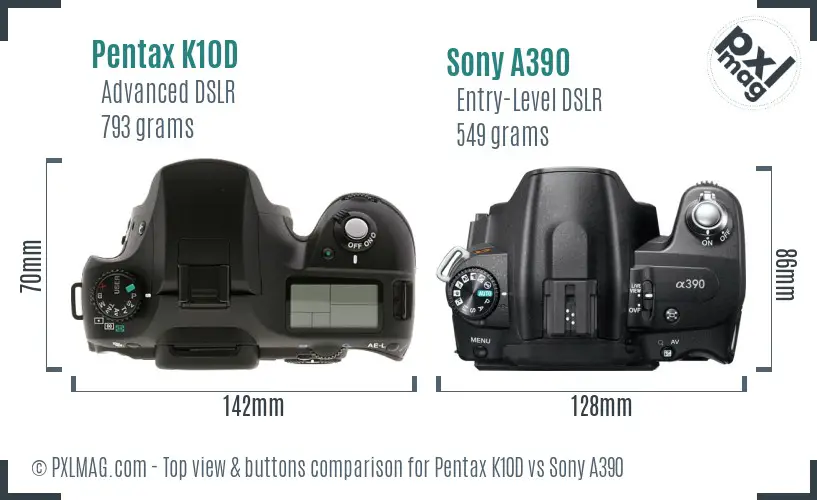 Pentax K10D vs Sony A390 top view buttons comparison Pentax K10D vs Sony A390 top view buttons comparison