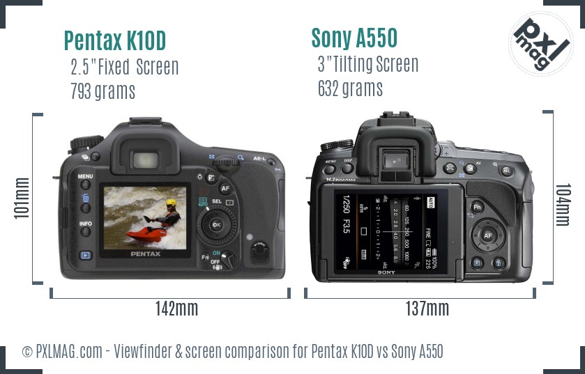 Pentax K10D vs Sony A550 Screen and Viewfinder comparison