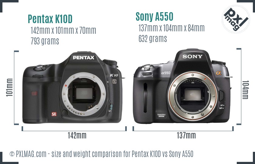 Pentax K10D vs Sony A550 size comparison Pentax K10D vs Sony A550 size comparison