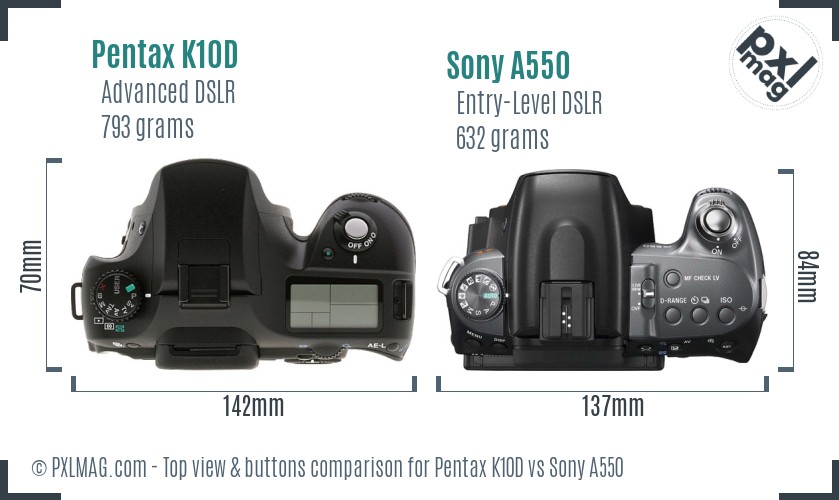 Pentax K10D vs Sony A550 top view buttons comparison