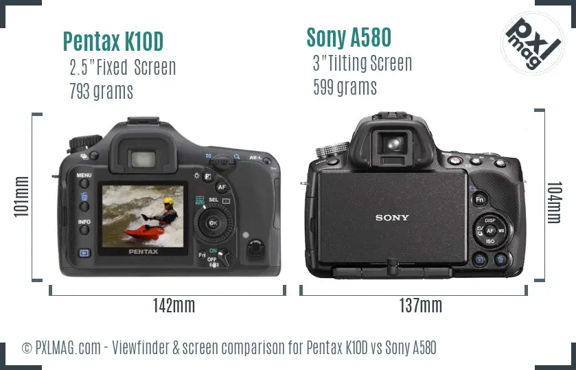 Pentax K10D vs Sony A580 Screen and Viewfinder comparison