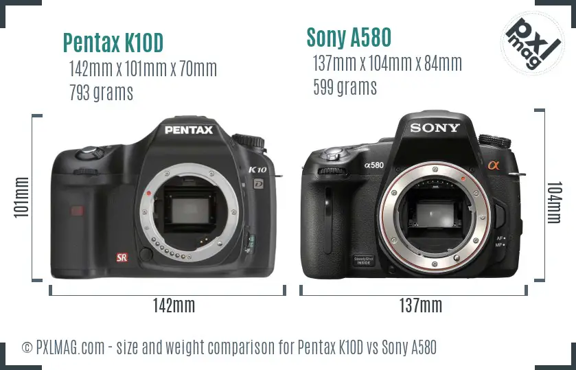 Pentax K10D vs Sony A580 size comparison
