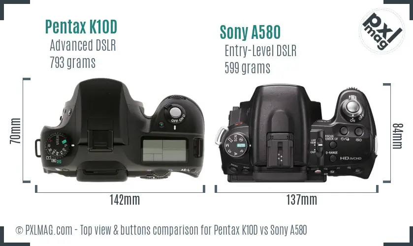 Pentax K10D vs Sony A580 top view buttons comparison