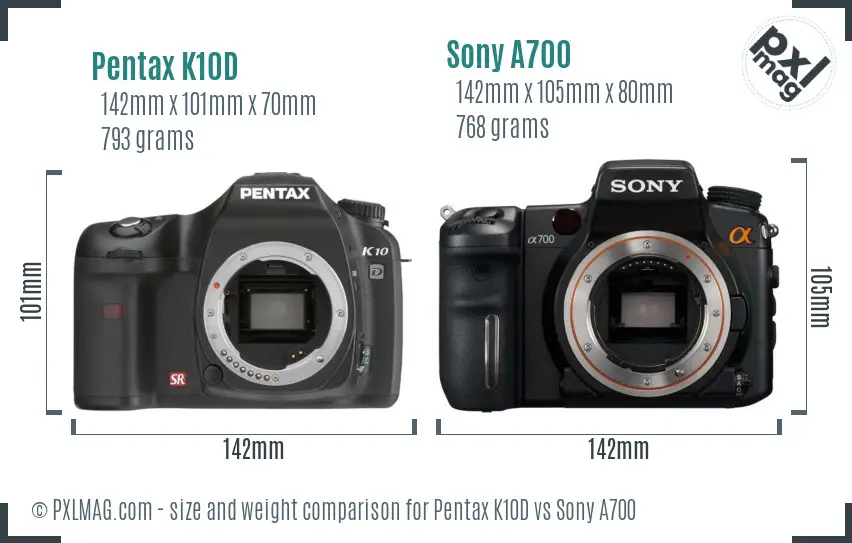 Pentax K10D vs Sony A700 size comparison