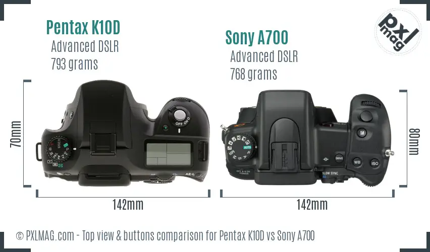 Pentax K10D vs Sony A700 top view buttons comparison
