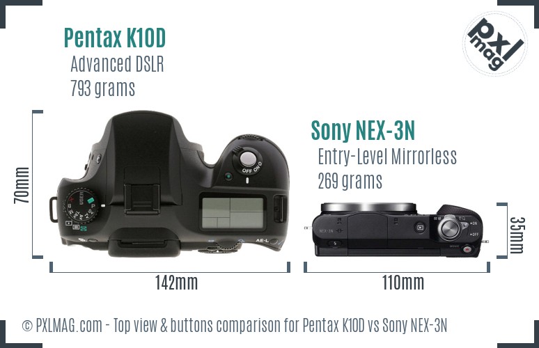 Pentax K10D vs Sony NEX-3N top view buttons comparison