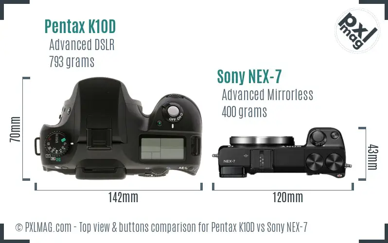 Pentax K10D vs Sony NEX-7 top view buttons comparison