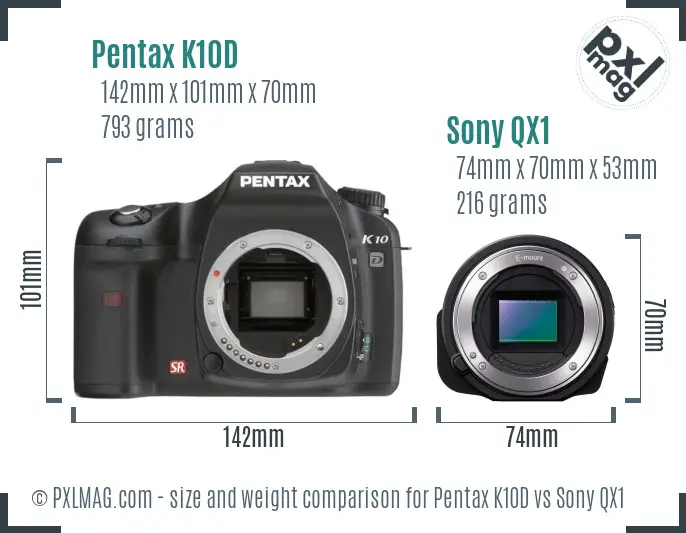 Pentax K10D vs Sony QX1 size comparison