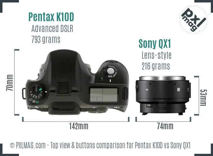 Pentax K10D vs Sony QX1 top view buttons comparison