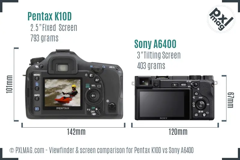 Pentax K10D vs Sony A6400 Screen and Viewfinder comparison