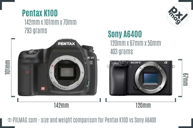 Pentax K10D vs Sony A6400 size comparison