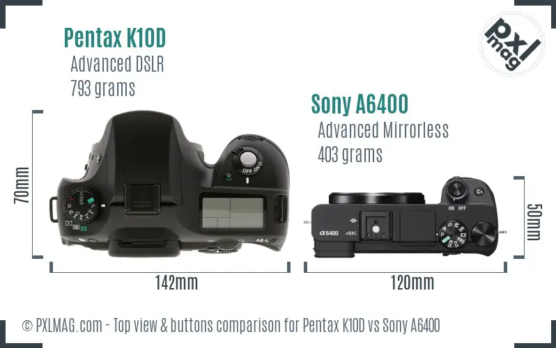Pentax K10D vs Sony A6400 top view buttons comparison