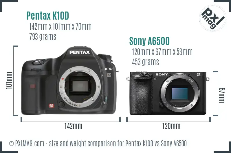 Pentax K10D vs Sony A6500 size comparison