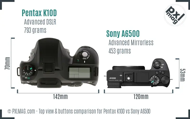 Pentax K10D vs Sony A6500 top view buttons comparison