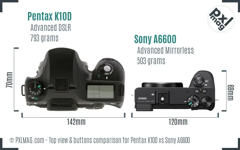 Pentax K10D vs Sony A6600 top view buttons comparison